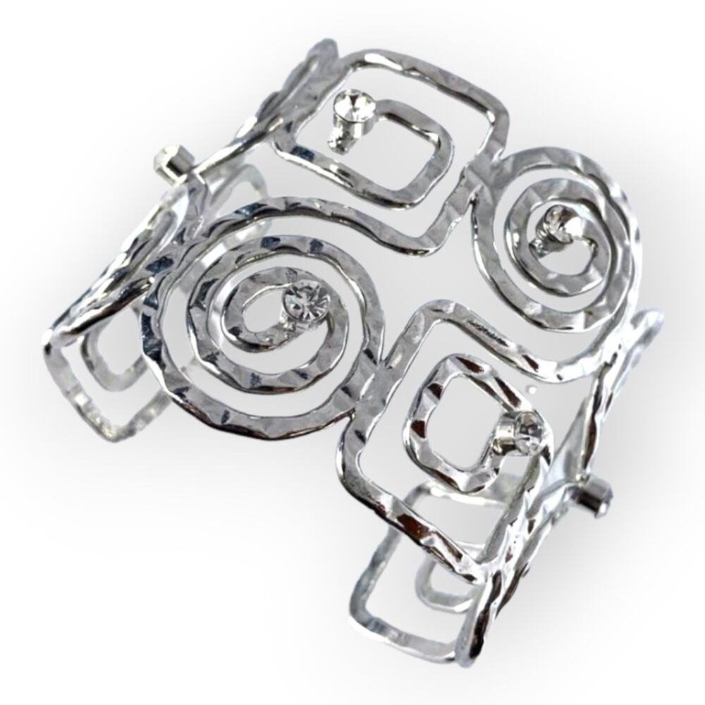 Hammered silver tone spiral cuff bracelet with rhinestone accents